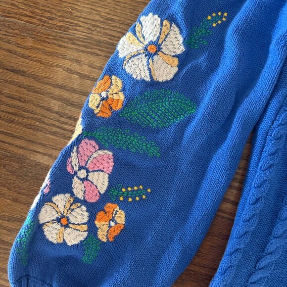 Talbots Blue Cable Knit Floral Embroidered Button Front Cardigan Size XS Relaxed - Picture 8 of 14